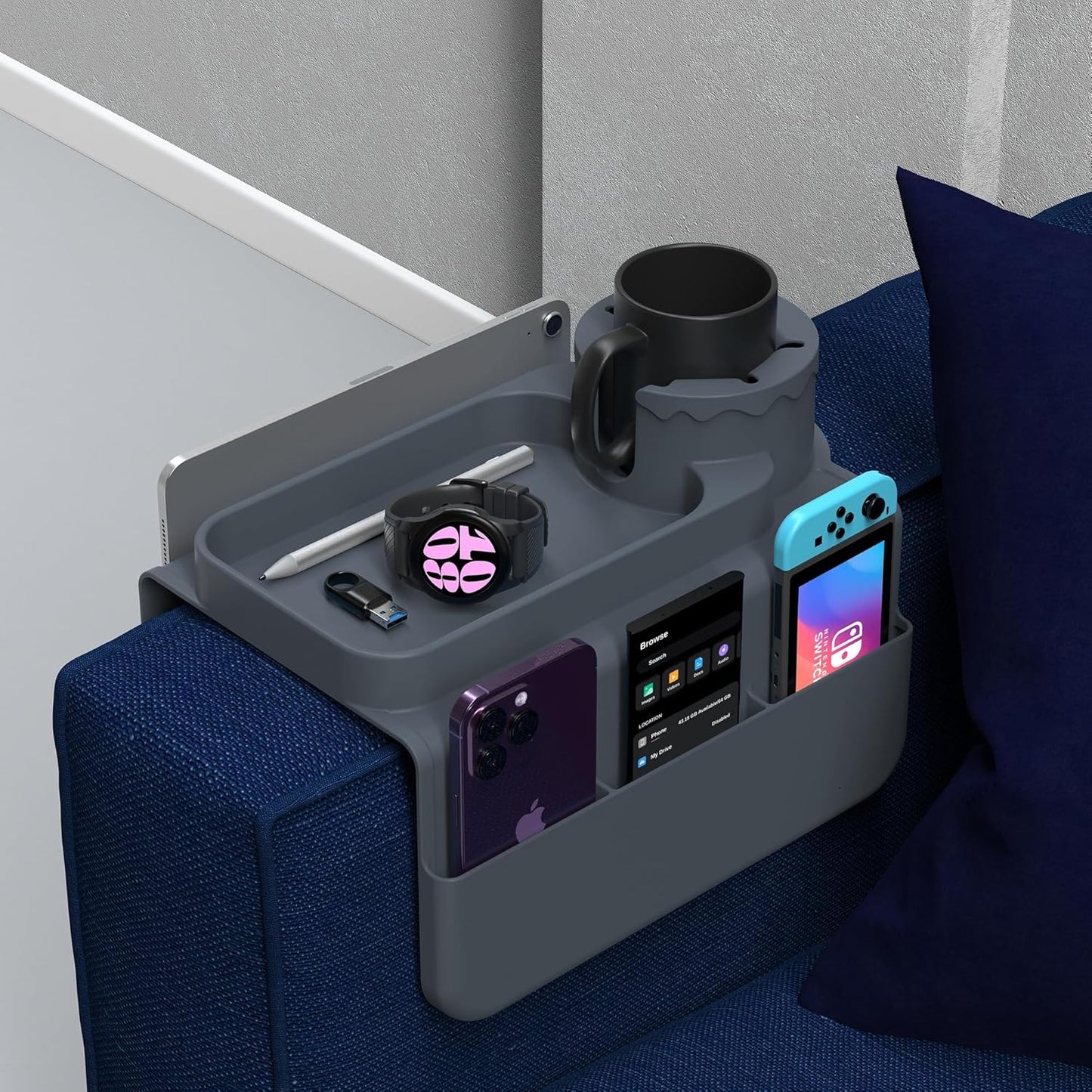 Couch Armrest Cup Holder Tray - Silicone, Grey