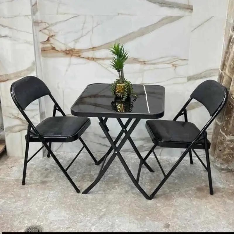 Black Glass Side Table with two foldable chairs , Garden Furniture For Indoors And Outdoor